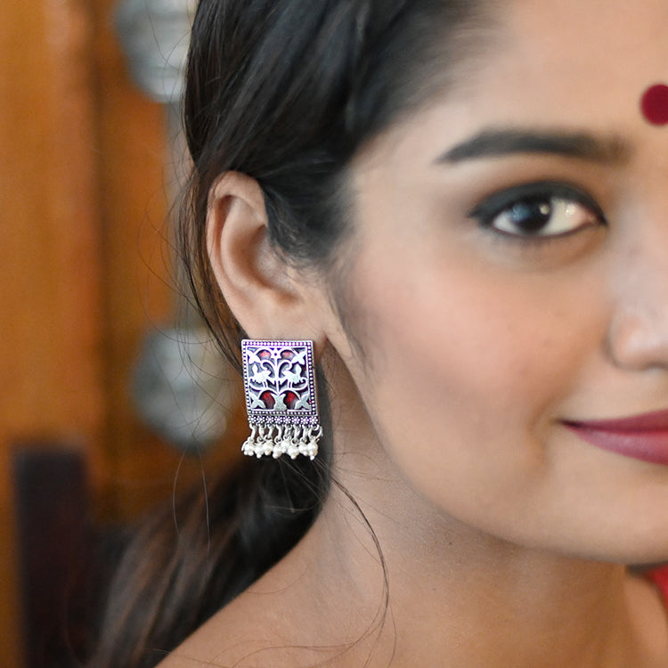 Miniature Red Enamel Silver Earrings - Joker & Witch