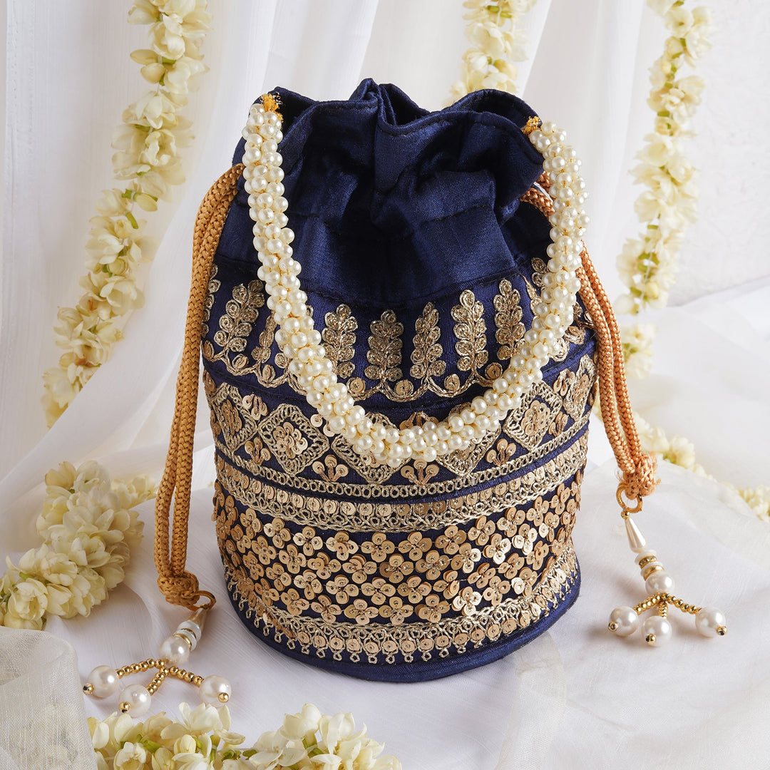 Wedding Bells Blue Embroidered Potli Bag