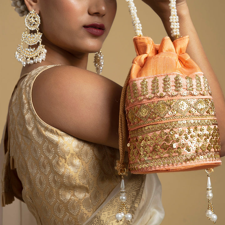 Royal Affair Peach Embroidered Potli Bag