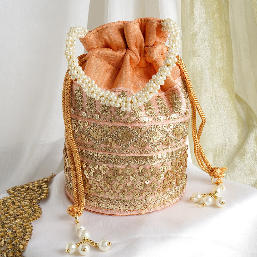 Royal Affair Peach Embroidered Potli Bag