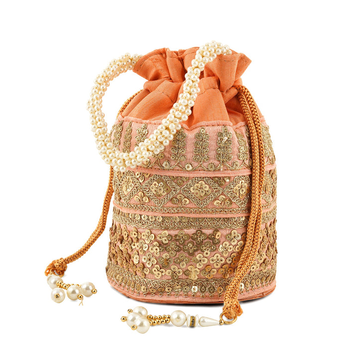 Royal Affair Peach Embroidered Potli Bag