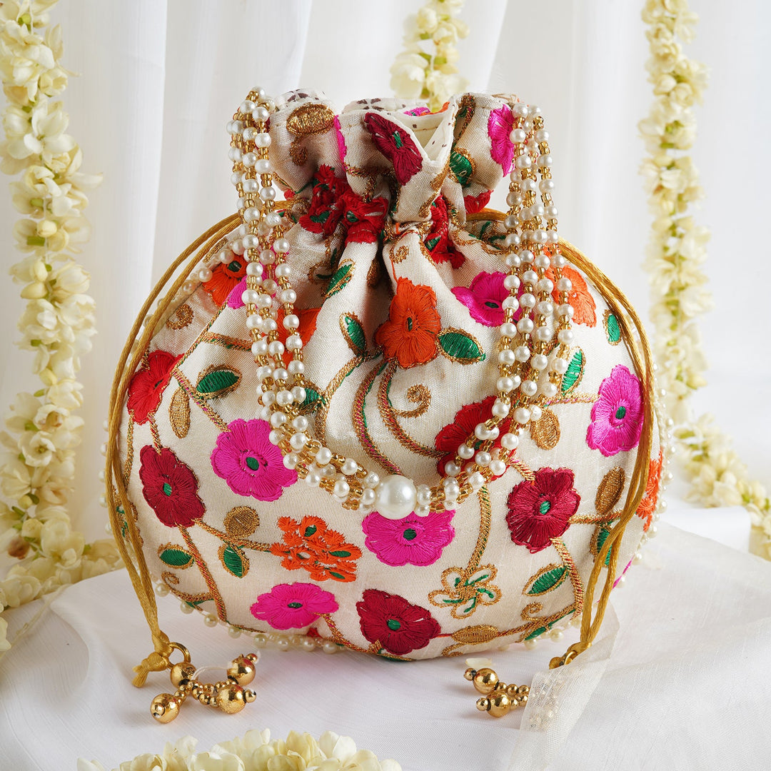 Glittering Garden Pink and Orange Embroidered Potli Bag