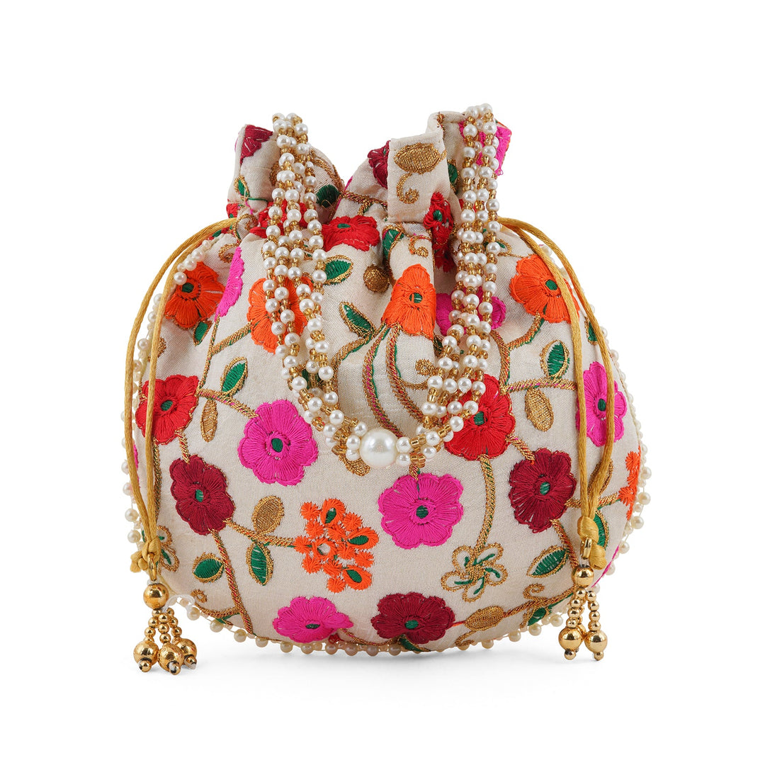 Glittering Garden Pink and Orange Embroidered Potli Bag