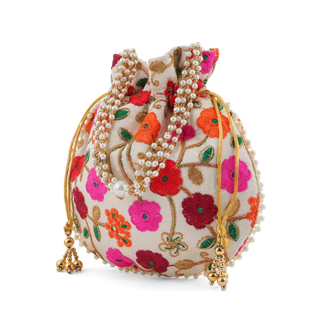 Glittering Garden Pink and Orange Embroidered Potli Bag
