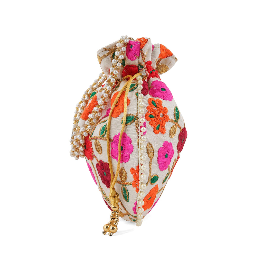 Glittering Garden Pink and Orange Embroidered Potli Bag