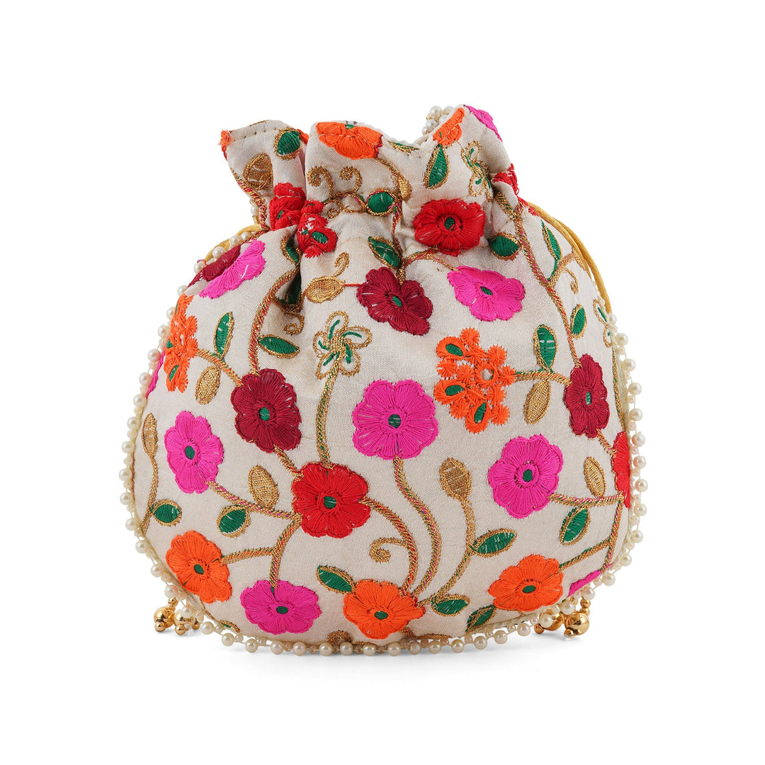 Glittering Garden Pink and Orange Embroidered Potli Bag
