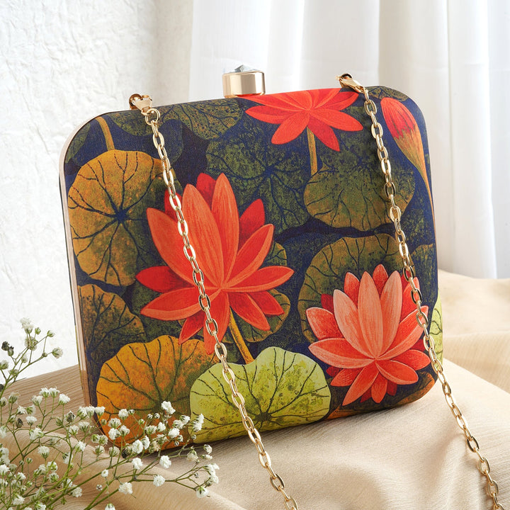 Love and Lotus Navy Blue and Red Printed Clutch