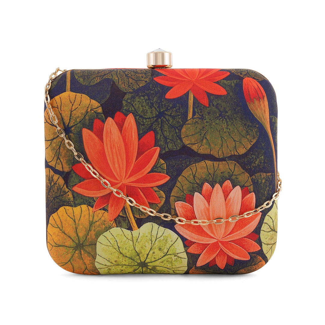 Love and Lotus Navy Blue and Red Printed Clutch