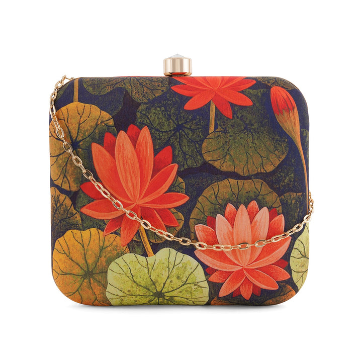 Love and Lotus Navy Blue and Red Printed Clutch