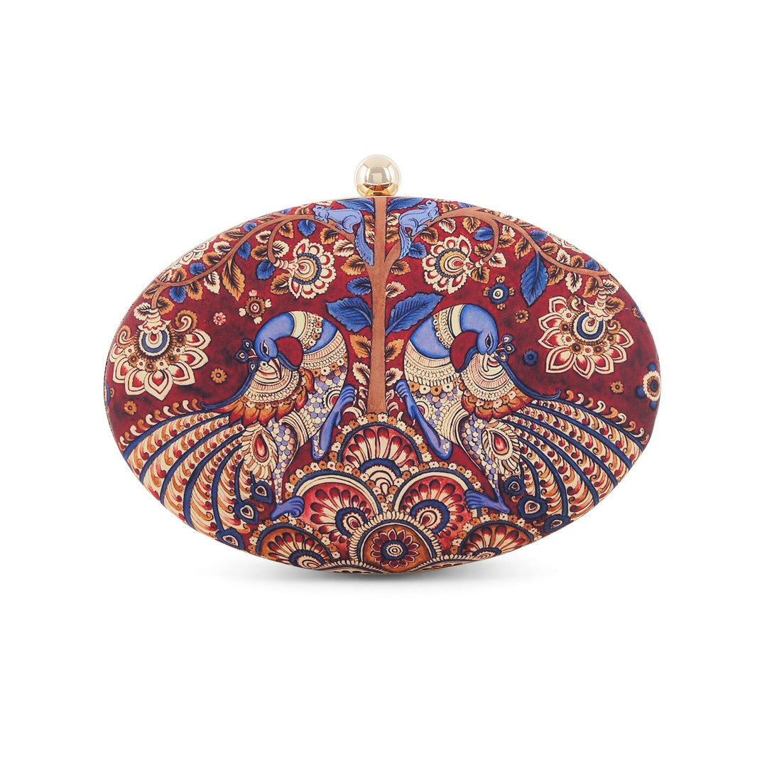 Crimson Carnival Maroon Blue and Gold Printed Clutch