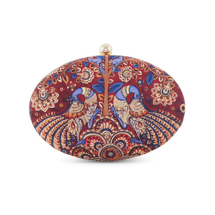 Crimson Carnival Maroon Blue and Gold Printed Clutch