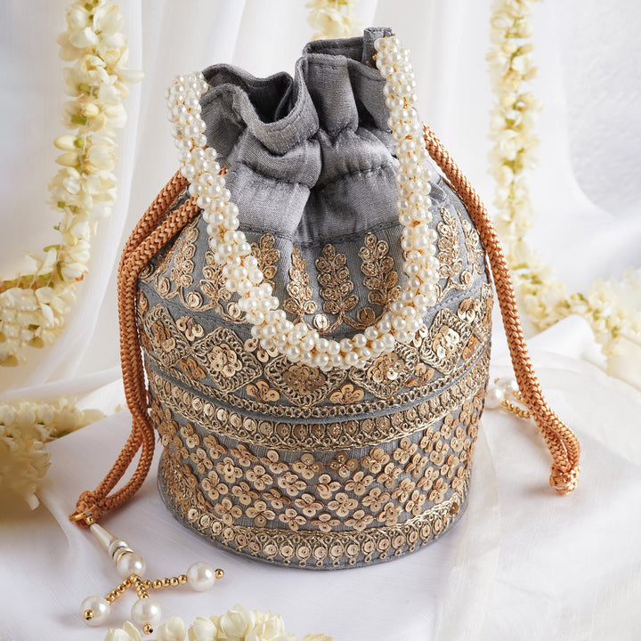 Wedding Bells Grey Embroidered Potli Bag