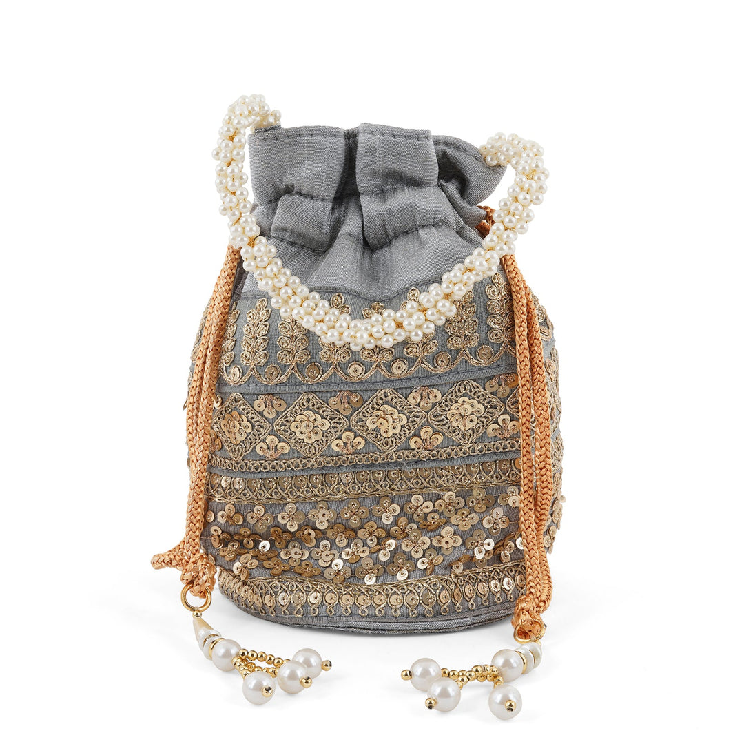 Wedding Bells Grey Embroidered Potli Bag