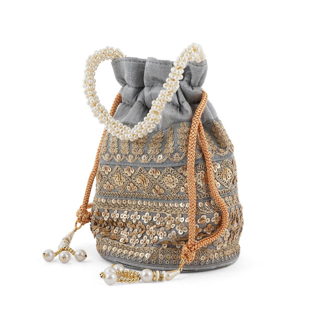 Wedding Bells Grey Embroidered Potli Bag
