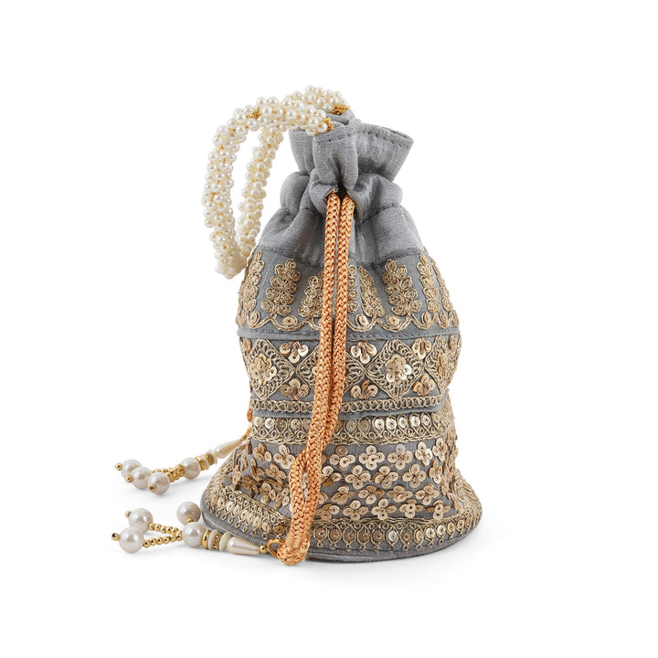 Wedding Bells Grey Embroidered Potli Bag