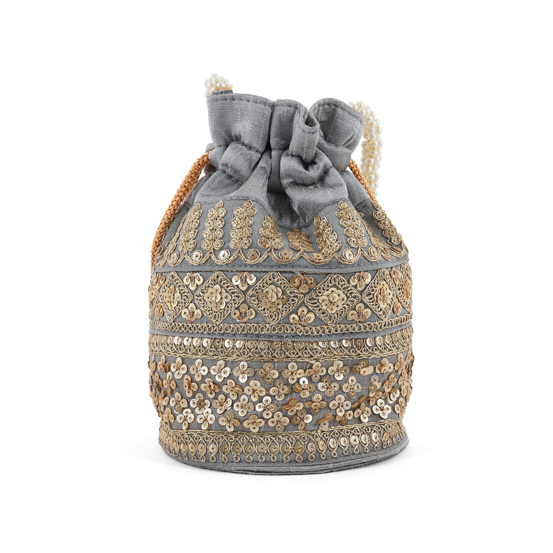 Wedding Bells Grey Embroidered Potli Bag
