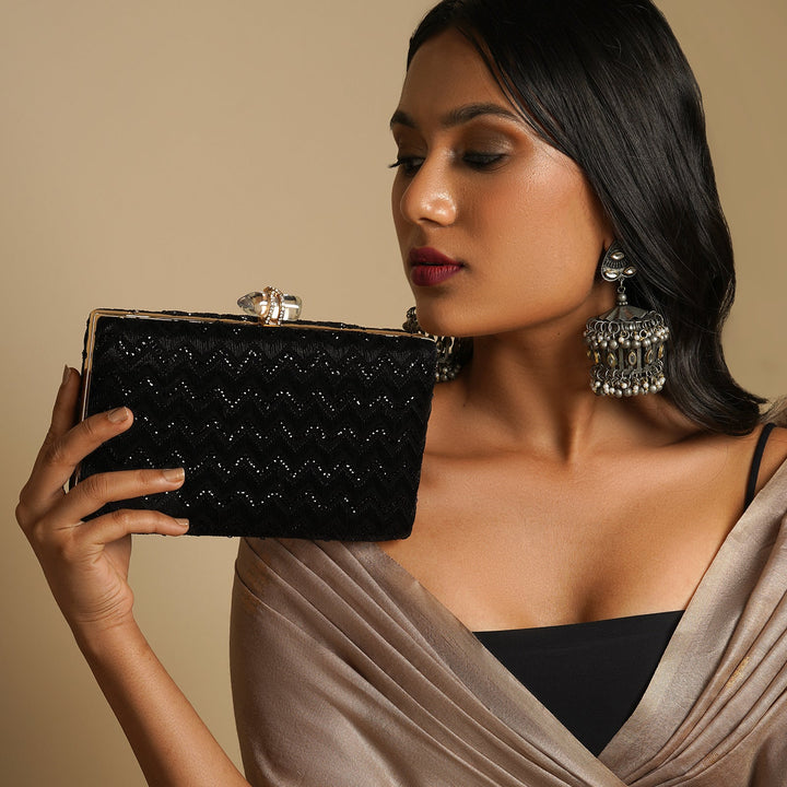 Party Wave Black Sequin Embroidered Clutch