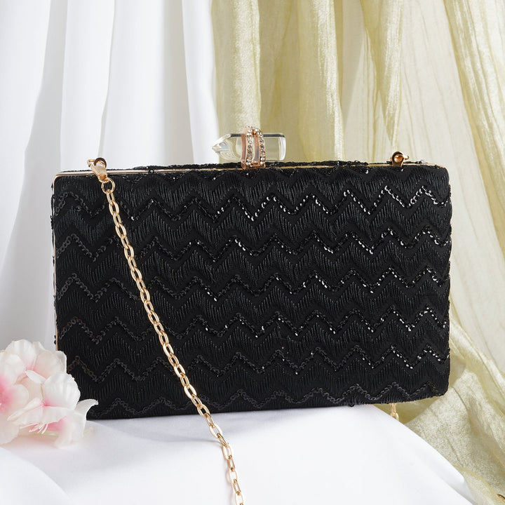 Party Wave Black Sequin Embroidered Clutch