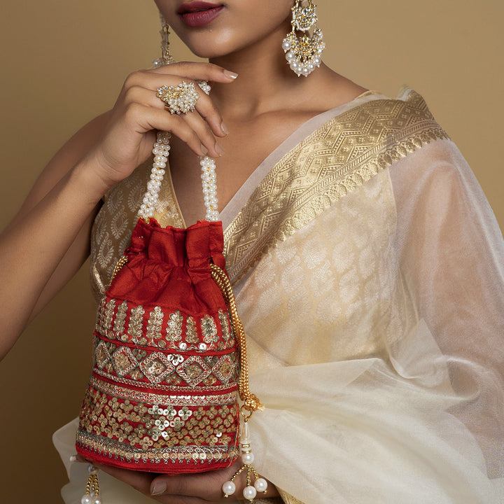 Royal Affair Flaming Red Embroidered Potli Bag